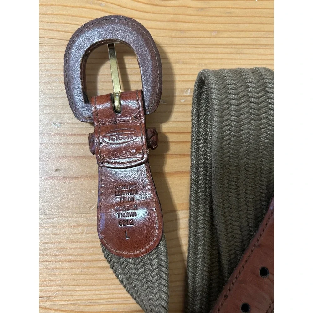 Talbots Woven Belt Brown Leather Trim Olive Green Large Classic Preppy Old Money